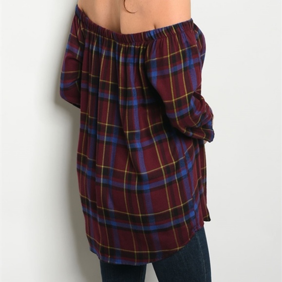 SELENA OFF THE SHOULDER PLAID BLOUSE (WINE RED) - Picture 3 of 3